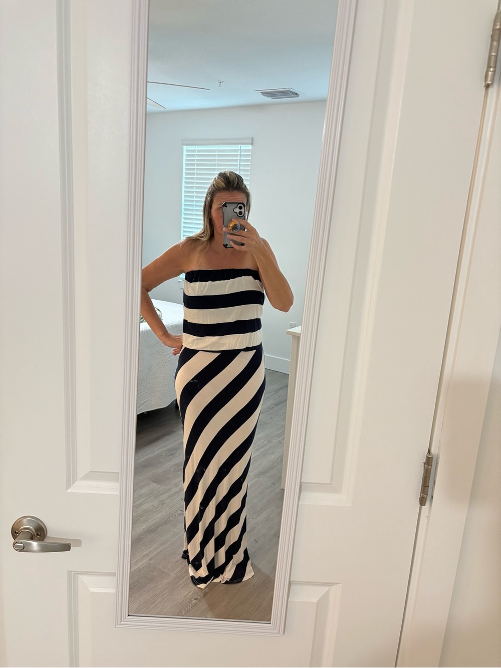Navy blue and white strapless maxi dress